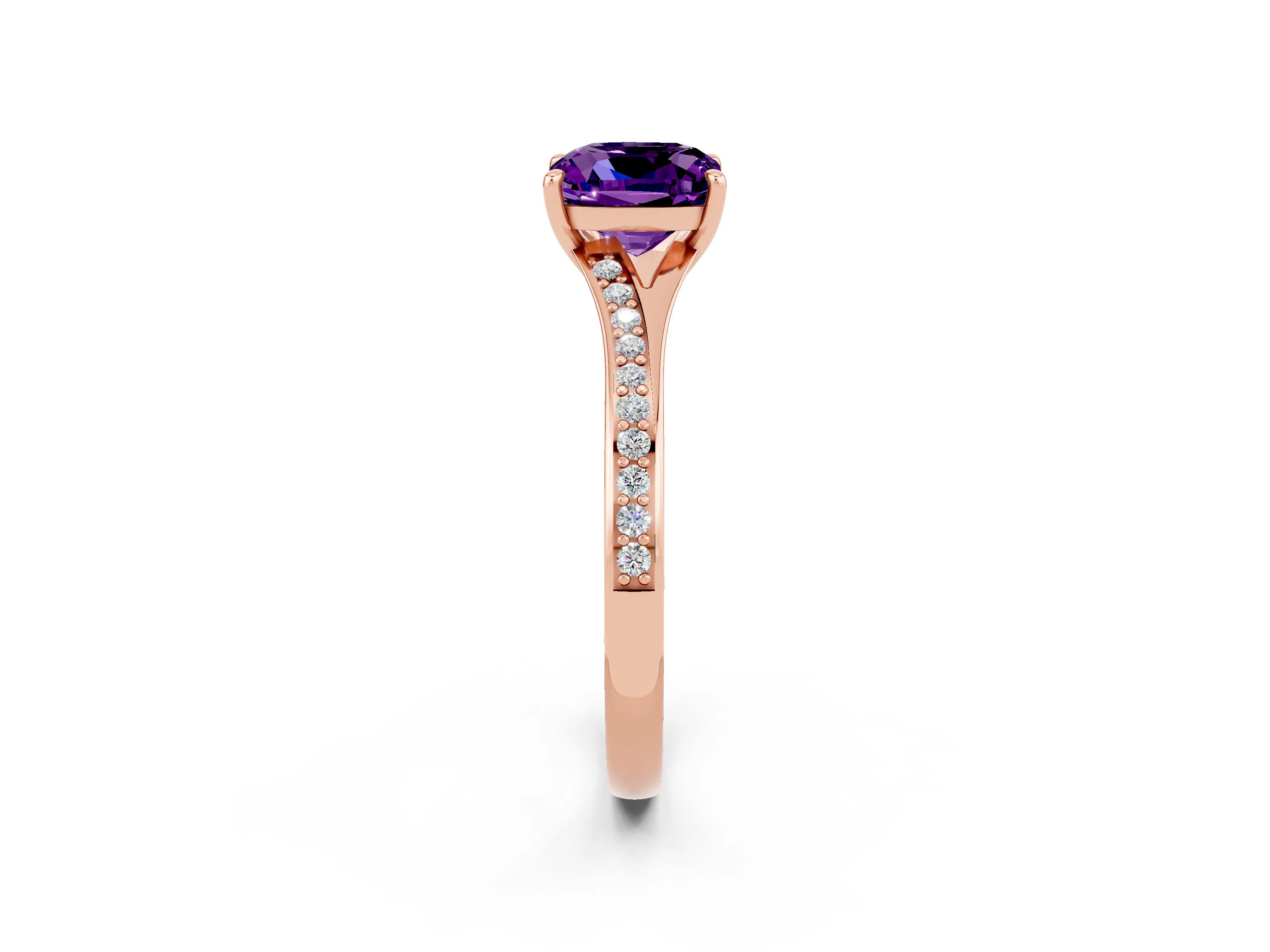 Rose gold Cushion Cut Amethyst Solitaire Ring with Pavé Band and Prong Setting_2
