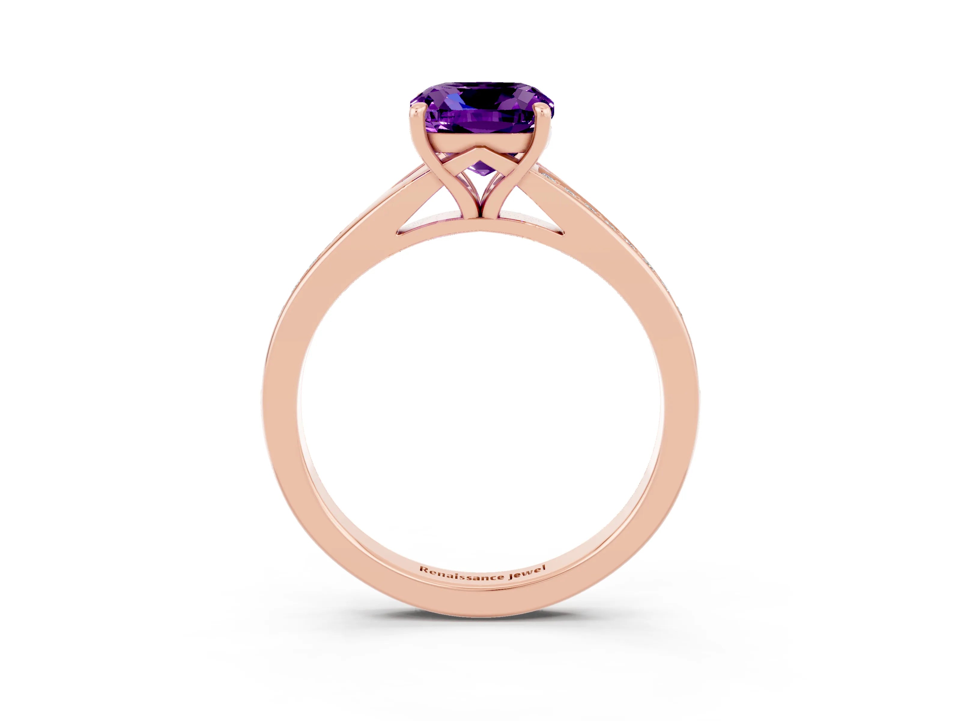Rose gold Cushion Cut Amethyst Solitaire Ring with Pavé Band and Prong Setting_3
