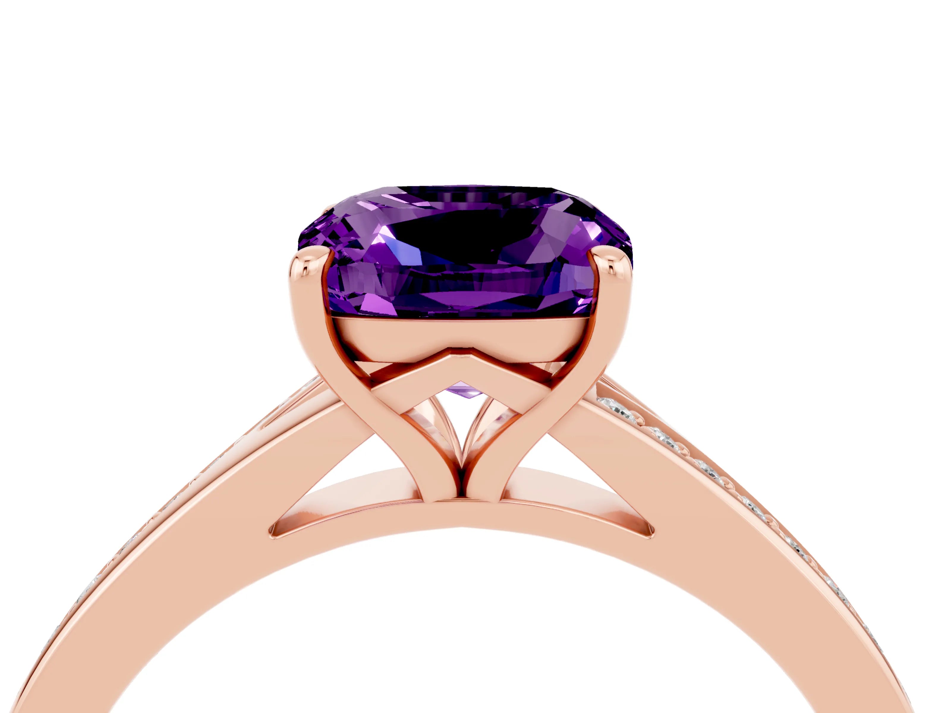 Rose gold Cushion Cut Amethyst Solitaire Ring with Pavé Band and Prong Setting_4