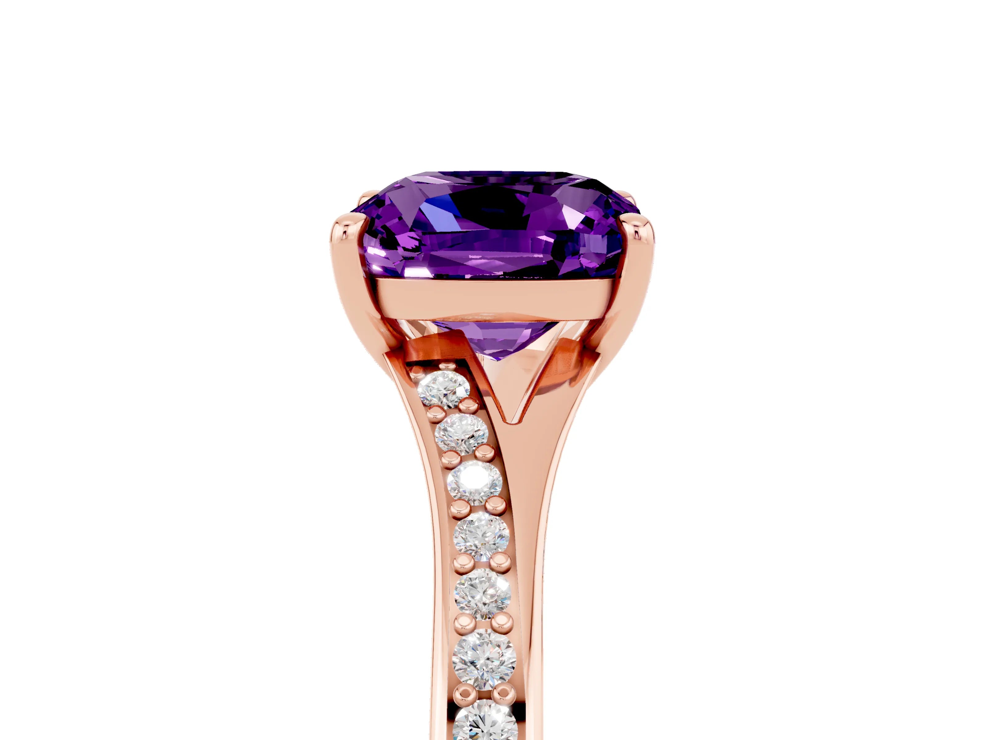 Rose gold Cushion Cut Amethyst Solitaire Ring with Pavé Band and Prong Setting_5