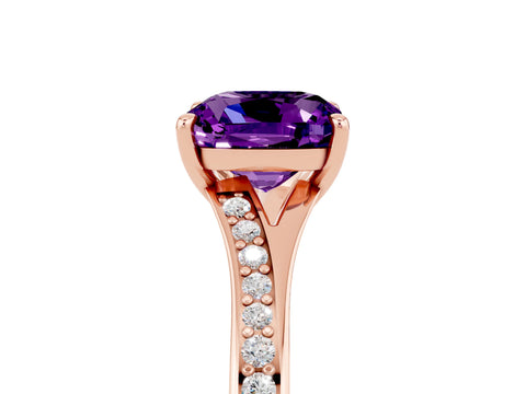Rose gold Cushion Cut Amethyst Solitaire Ring with Pavé Band and Prong Setting_5