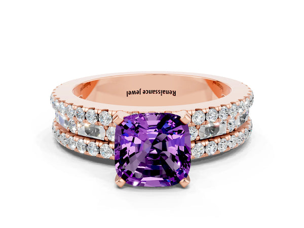 Rose gold Cushion Cut Amethyst Solitaire Ring with Pavé and Channel Set Band