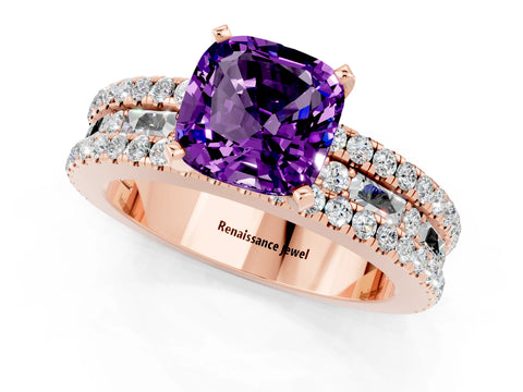 Rose gold Cushion Cut Amethyst Solitaire Ring with Pavé and Channel Set Band_1