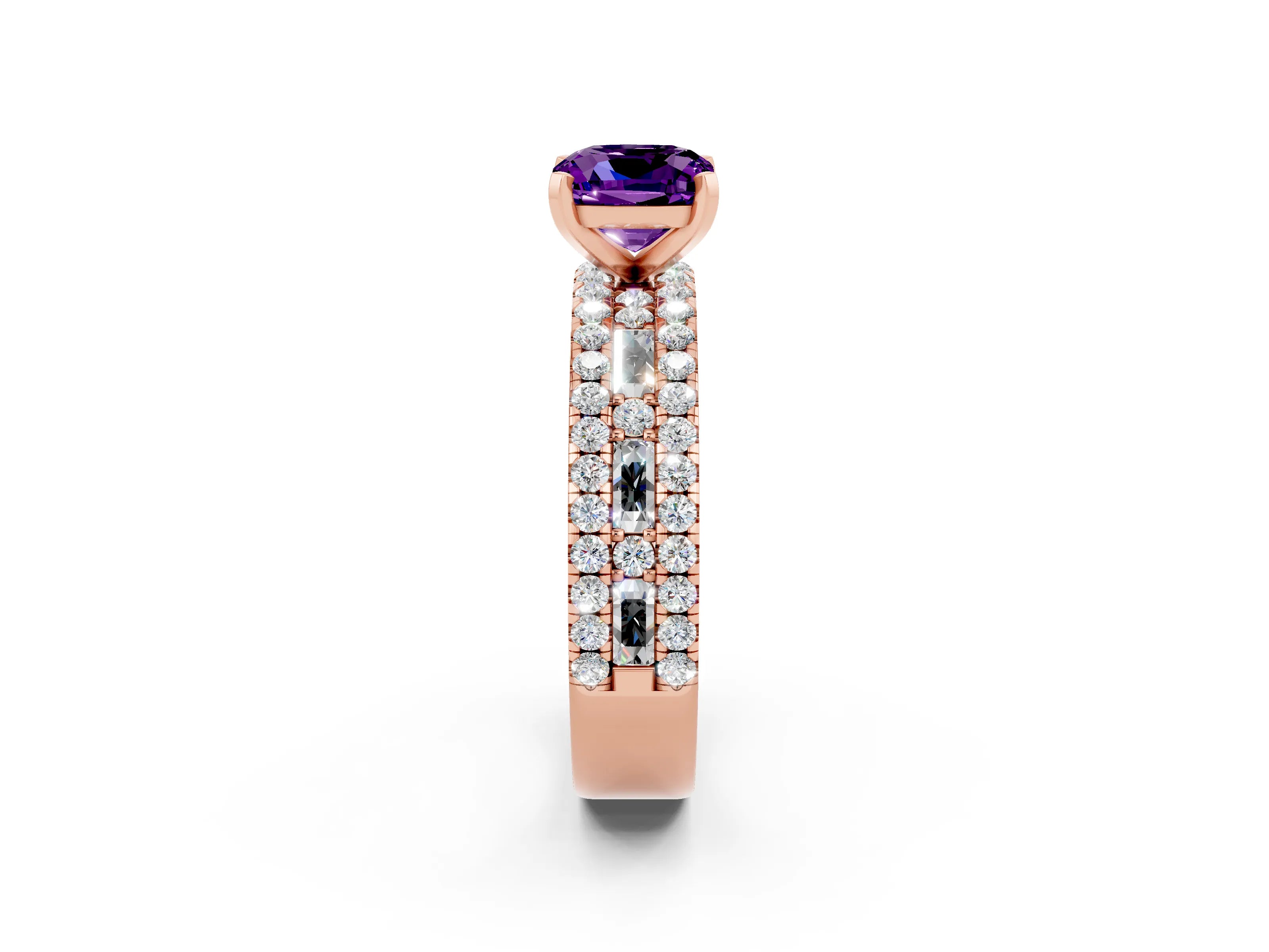 Rose gold Cushion Cut Amethyst Solitaire Ring with Pavé and Channel Set Band_2