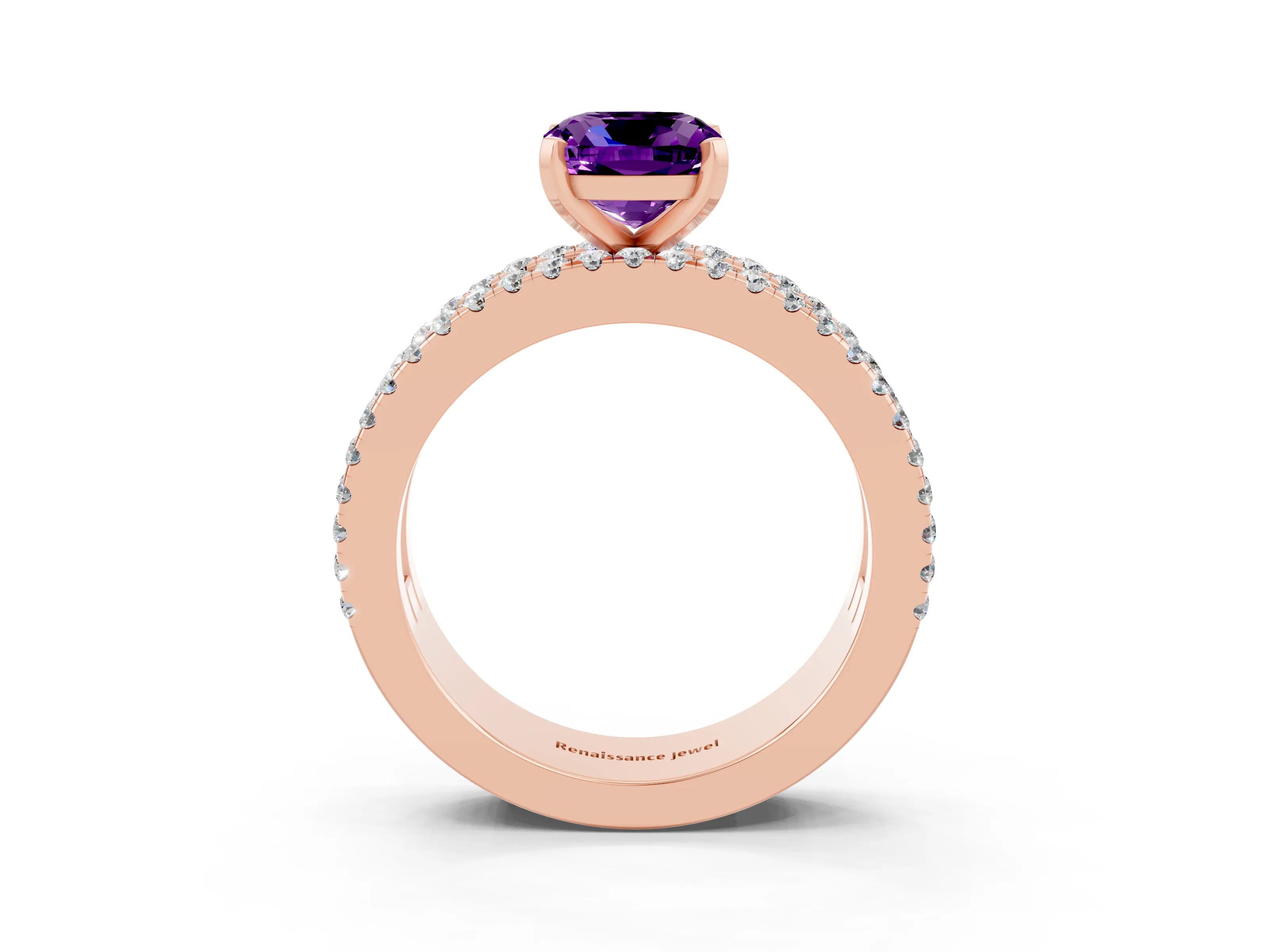 Rose gold Cushion Cut Amethyst Solitaire Ring with Pavé and Channel Set Band_3
