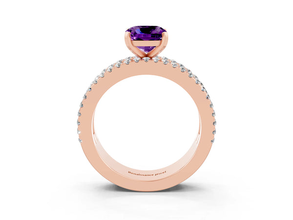 Rose gold Cushion Cut Amethyst Solitaire Ring with Pavé and Channel Set Band