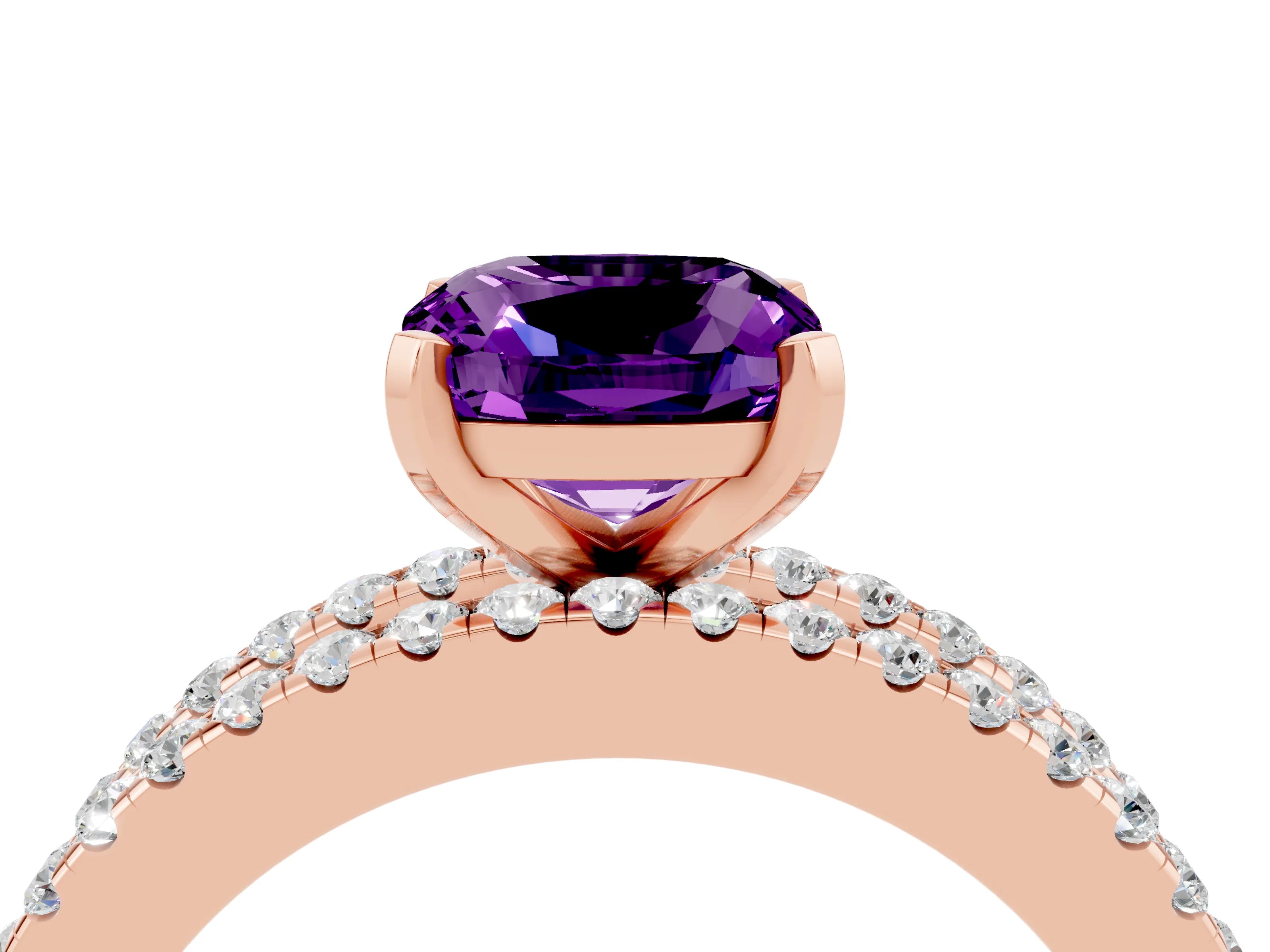Rose gold Cushion Cut Amethyst Solitaire Ring with Pavé and Channel Set Band_4