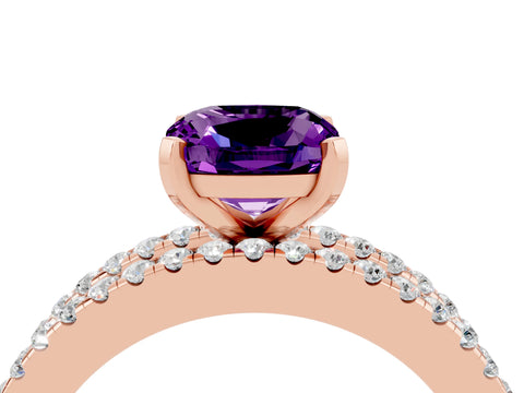 Rose gold Cushion Cut Amethyst Solitaire Ring with Pavé and Channel Set Band_4