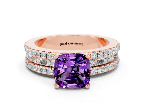 Rose gold Cushion Cut Amethyst Solitaire Ring with Pavé and Channel Set Band