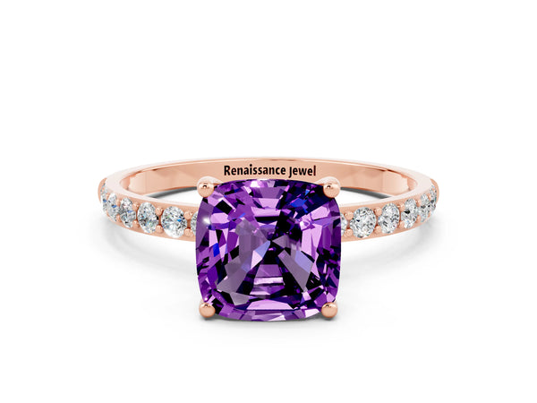 Rose gold Cushion Cut Amethyst Solitaire Ring with Round  Pavé Band and Prong Setting