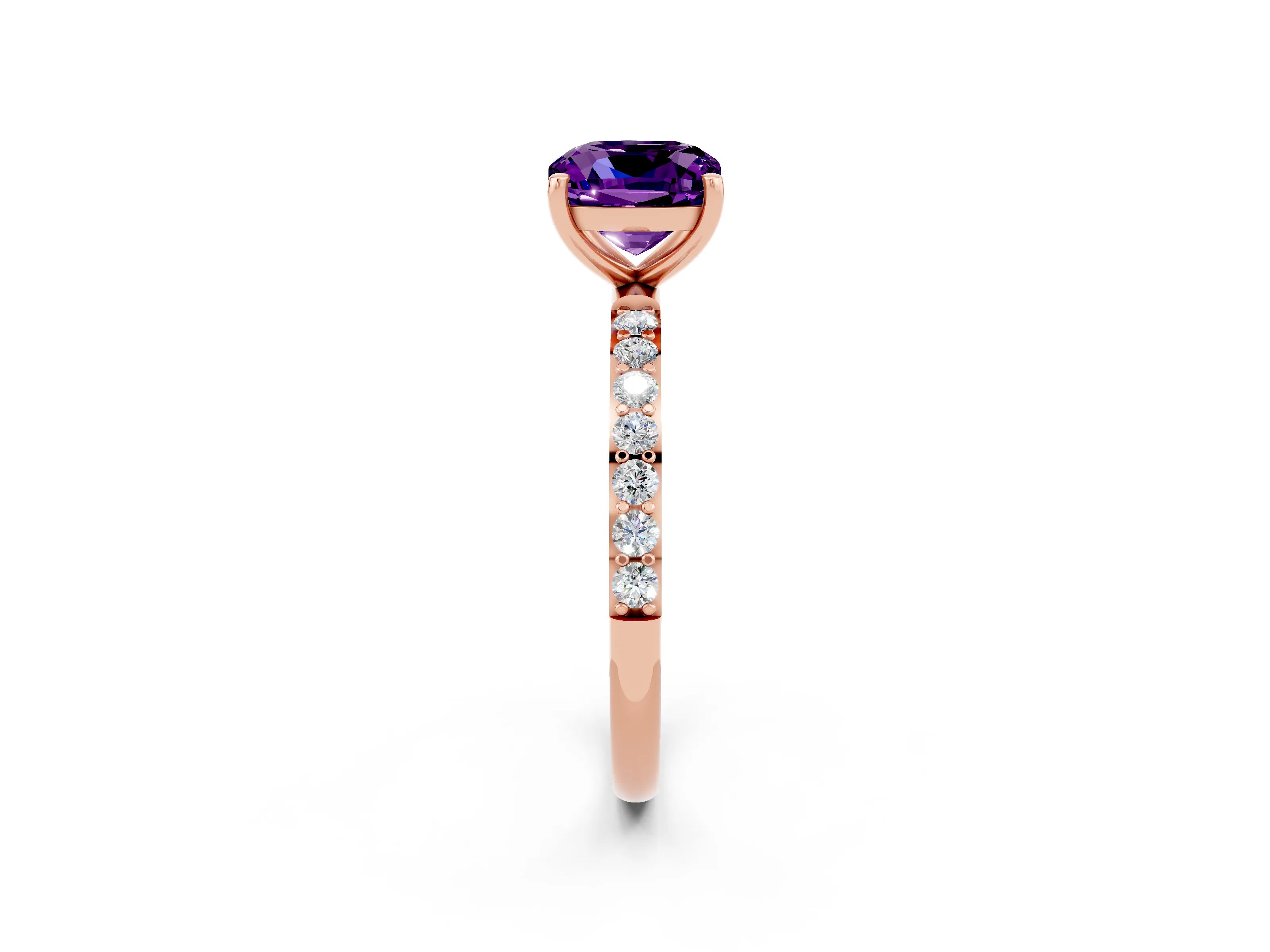Rose gold Cushion Cut Amethyst Solitaire Ring with Pave Band and Four Prong Setting_26