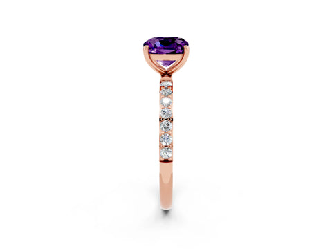 Rose gold Cushion Cut Amethyst Solitaire Ring with Pave Band and Four Prong Setting_26