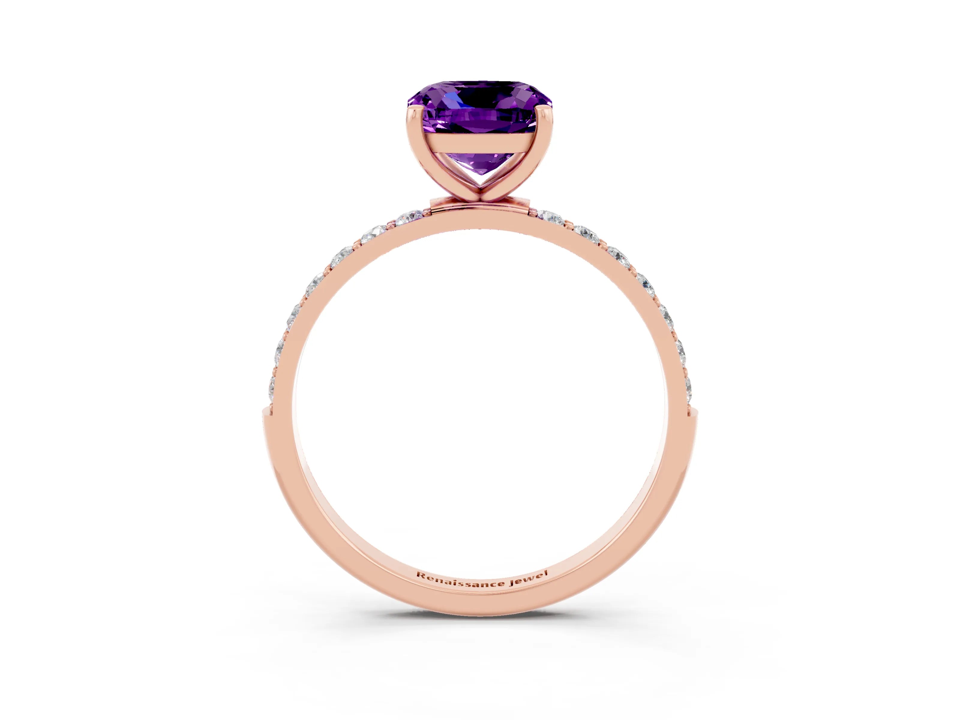 Rose gold Cushion Cut Amethyst Solitaire Ring with Pave Band and Four Prong Setting_27