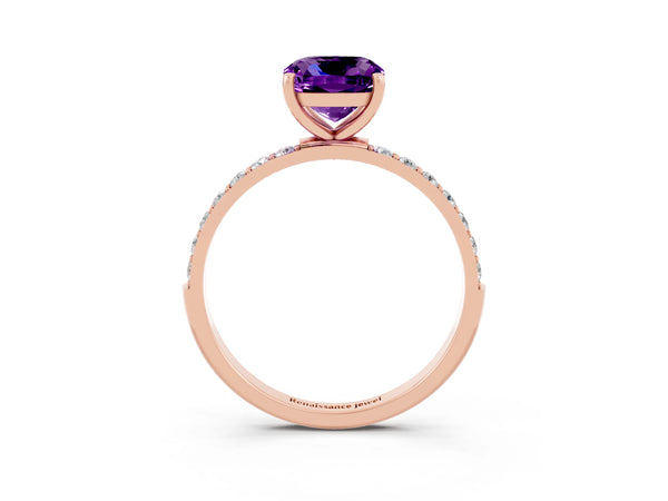 Rose gold Cushion Cut Amethyst Solitaire Ring with Round  Pavé Band and Prong Setting