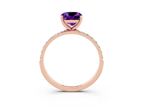 Rose gold Cushion Cut Amethyst Solitaire Ring with Pave Band and Four Prong Setting_27