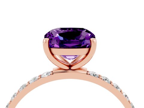 Rose gold Cushion Cut Amethyst Solitaire Ring with Pave Band and Four Prong Setting_28