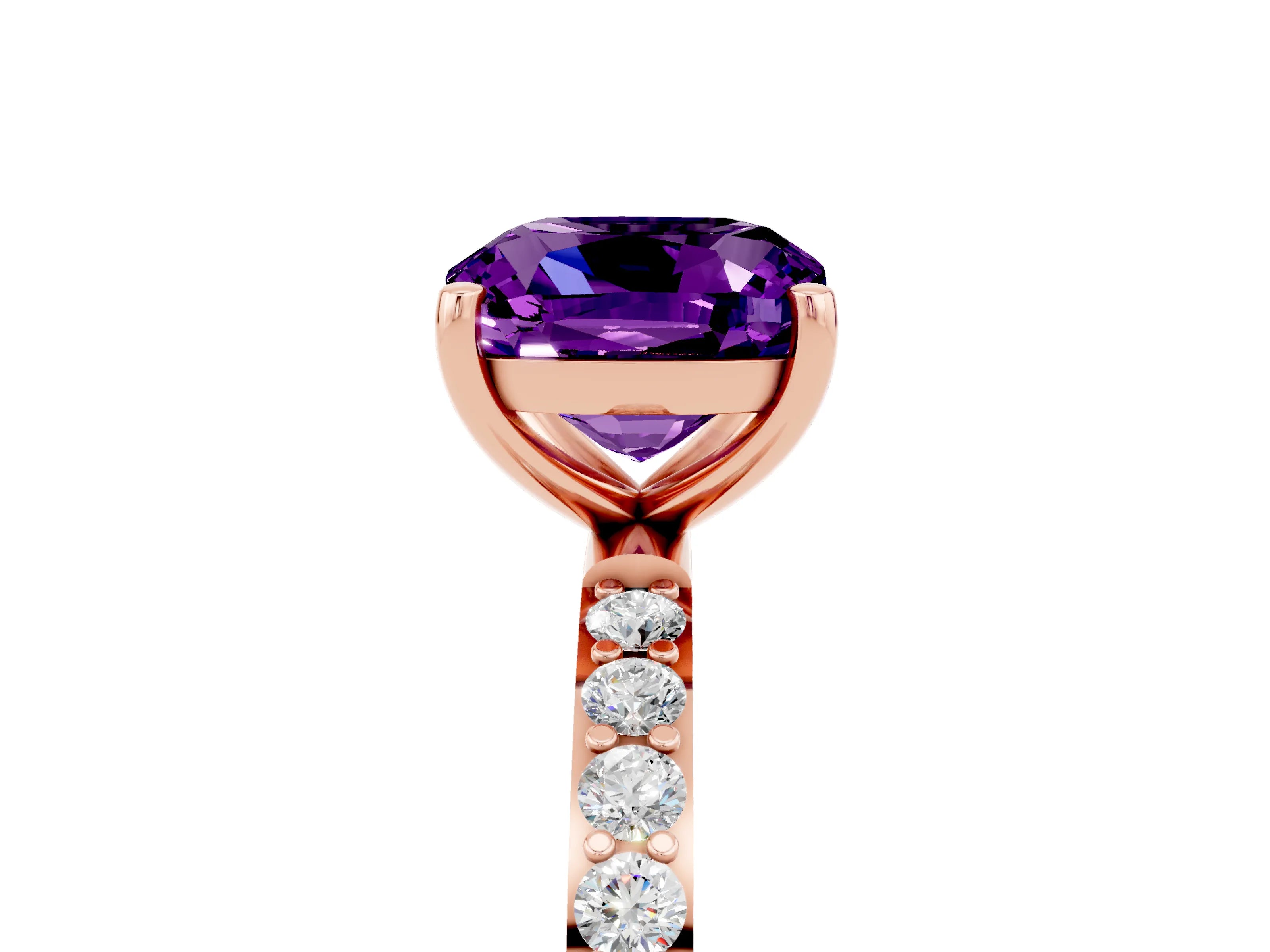 Rose gold Cushion Cut Amethyst Solitaire Ring with Pave Band and Four Prong Setting_29