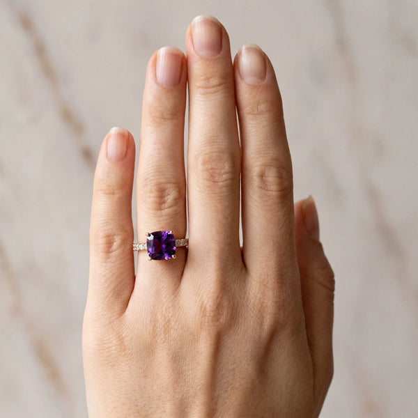 Rose gold Cushion Cut Amethyst Solitaire Ring with Round  Pavé Band and Four-Prong Setting