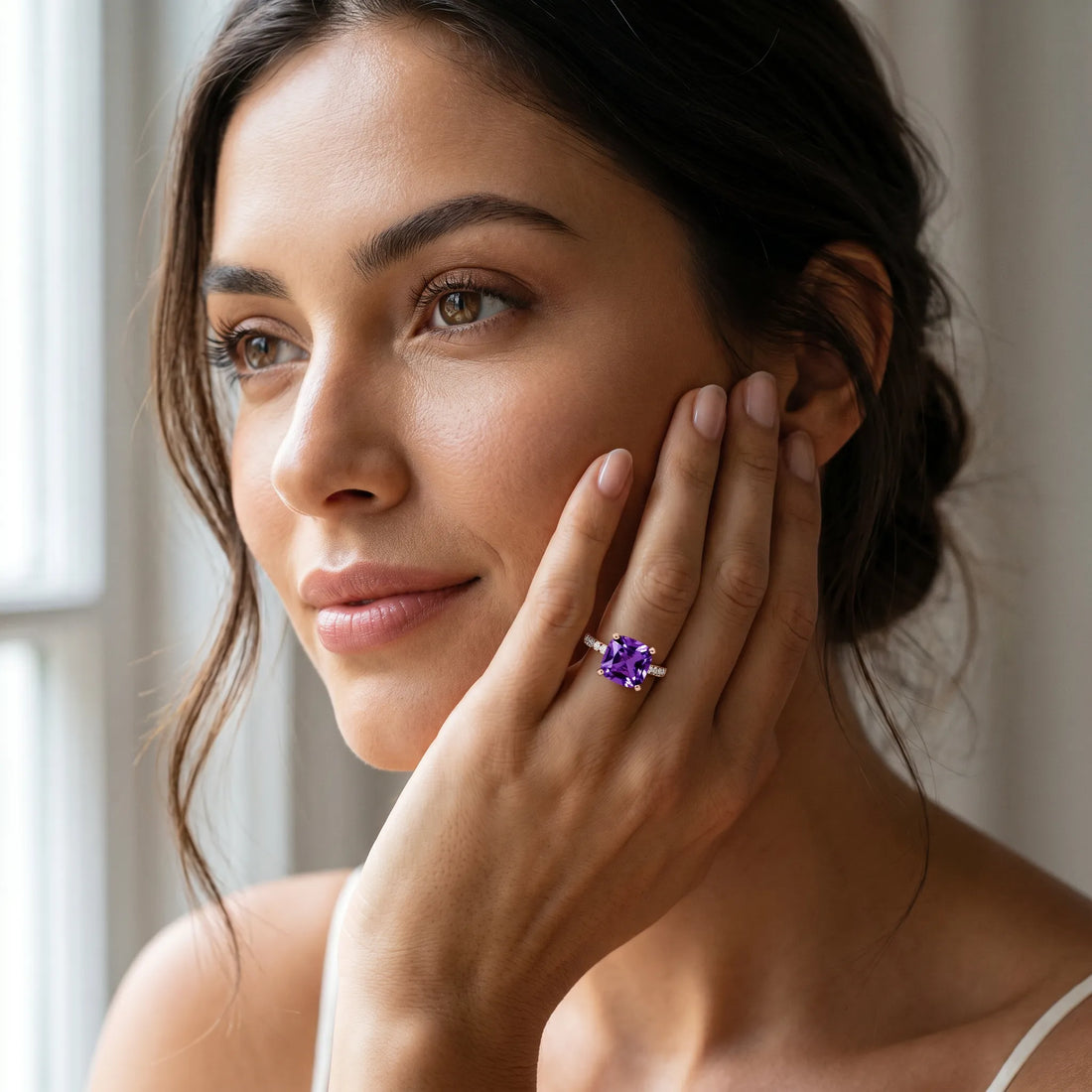 Rose gold Cushion Cut Amethyst Solitaire Ring with Round  Pavé Band and Four-Prong Setting_43