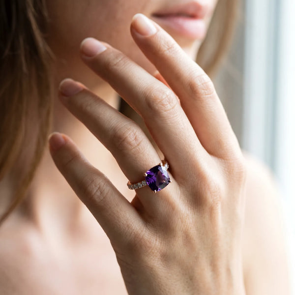 Rose gold Cushion Cut Amethyst Solitaire Ring with Round  Pavé Band and Four-Prong Setting