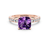 Rose gold Cushion Cut Amethyst Solitaire Ring with Round  Pavé Band and Four-Prong Setting_44