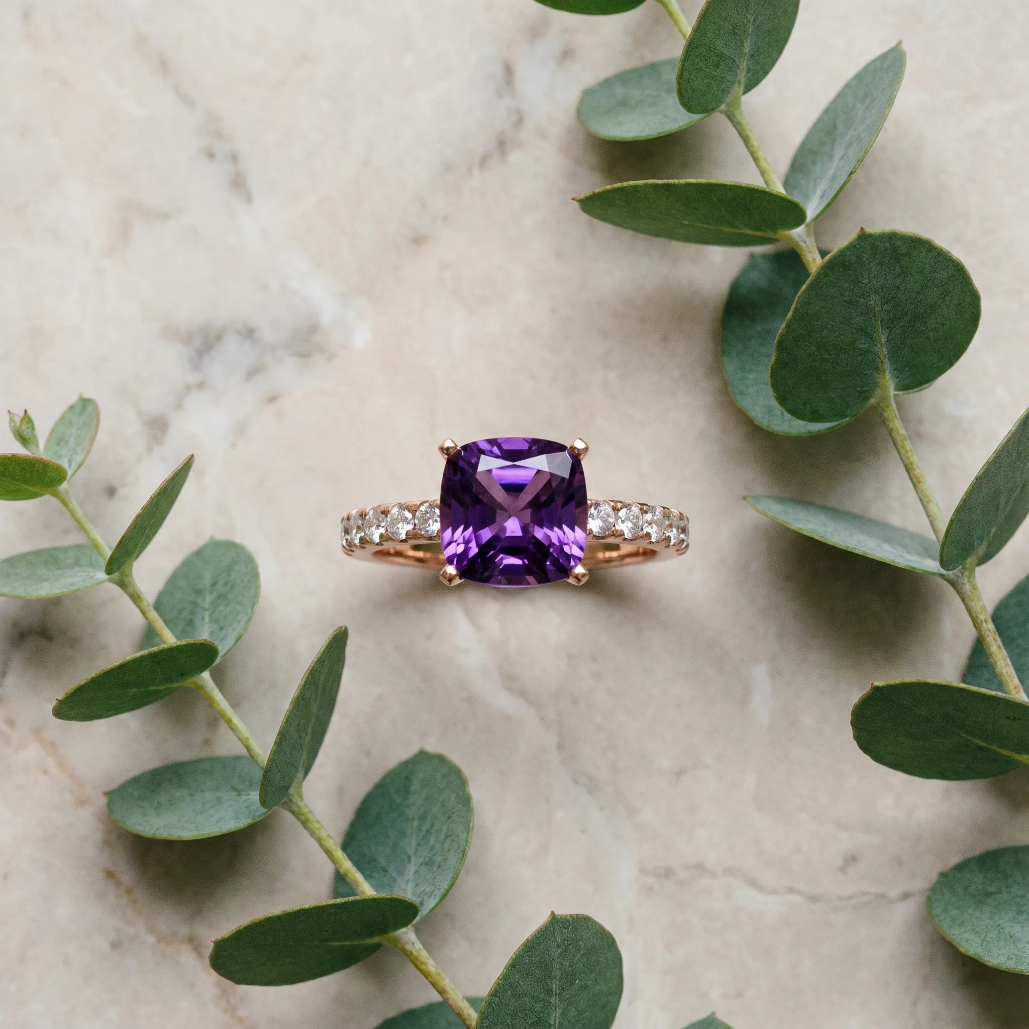 Rose gold Cushion Cut Amethyst Solitaire Ring with Round  Pavé Band and Four-Prong Setting_45