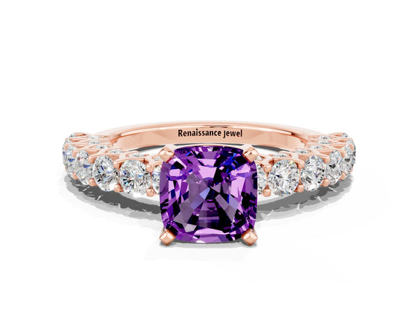 Rose gold Cushion Cut Amethyst Solitaire Ring with Shared Prong Pavé Band and Four-Prong Setting