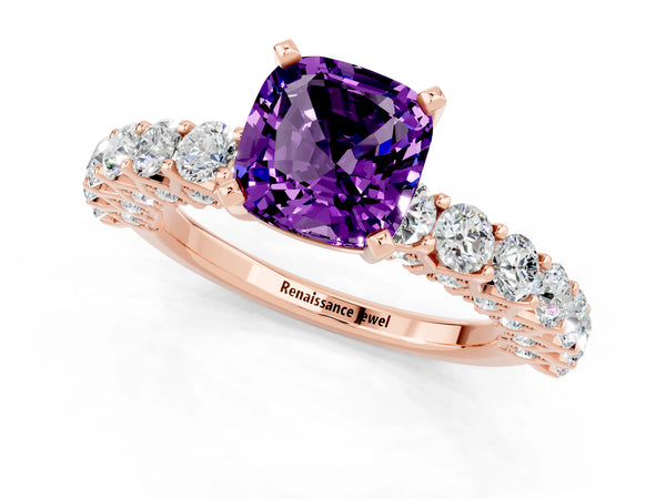 Rose gold Cushion Cut Amethyst Solitaire Ring with Shared Prong Pavé Band and Four-Prong Setting