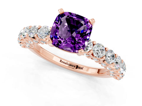 Rose gold Cushion Cut Amethyst Solitaire Ring with Shared Prong Pavé Band and Four-Prong Setting_1