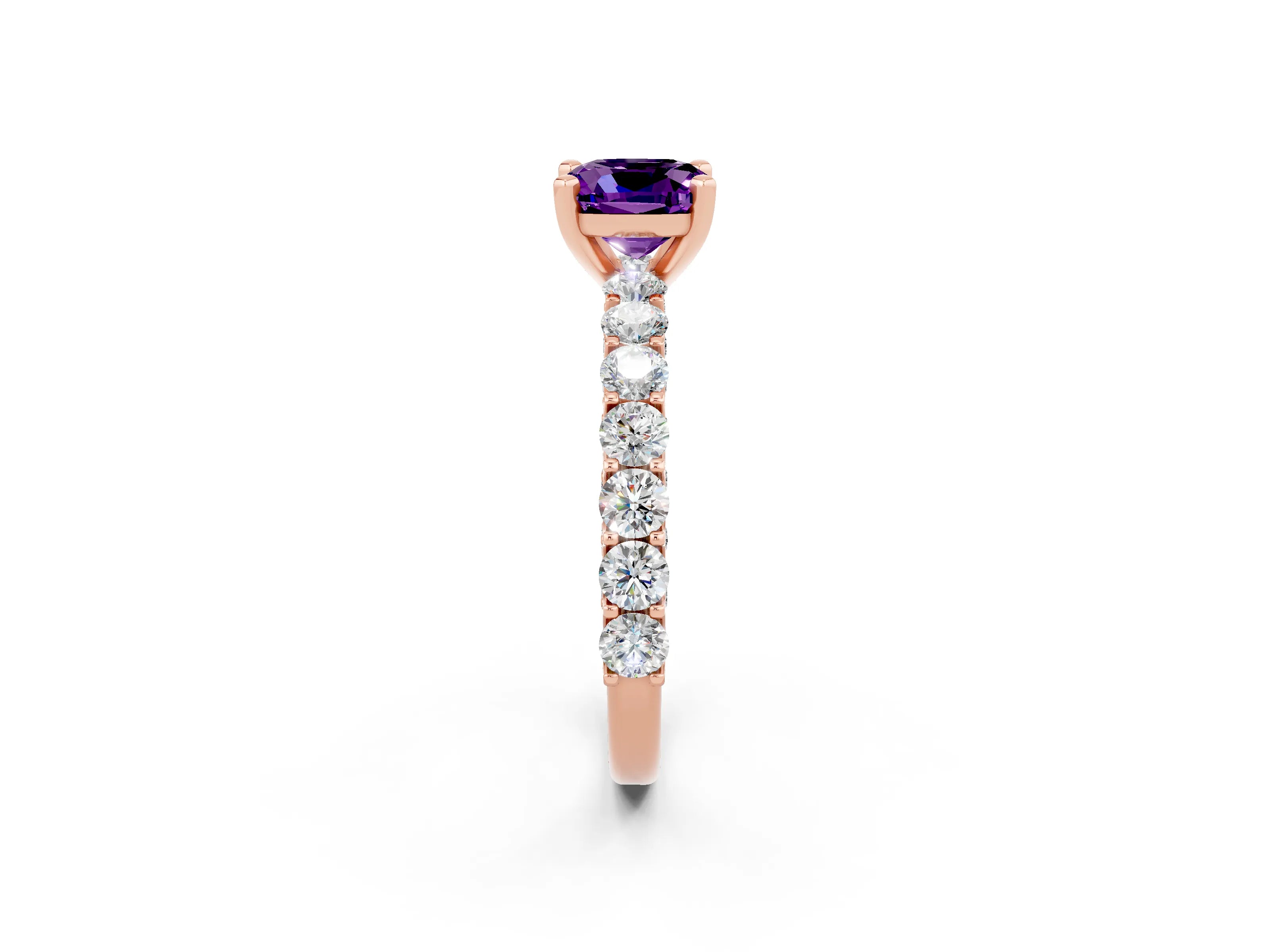 Rose gold Cushion Cut Amethyst Solitaire Ring with Shared Prong Pavé Band and Four-Prong Setting_2