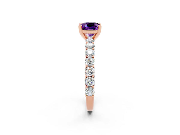 Rose gold Cushion Cut Amethyst Solitaire Ring with Shared Prong Pavé Band and Four-Prong Setting