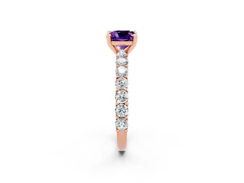 Rose gold Cushion Cut Amethyst Solitaire Ring with Shared Prong Pavé Band and Four-Prong Setting_2