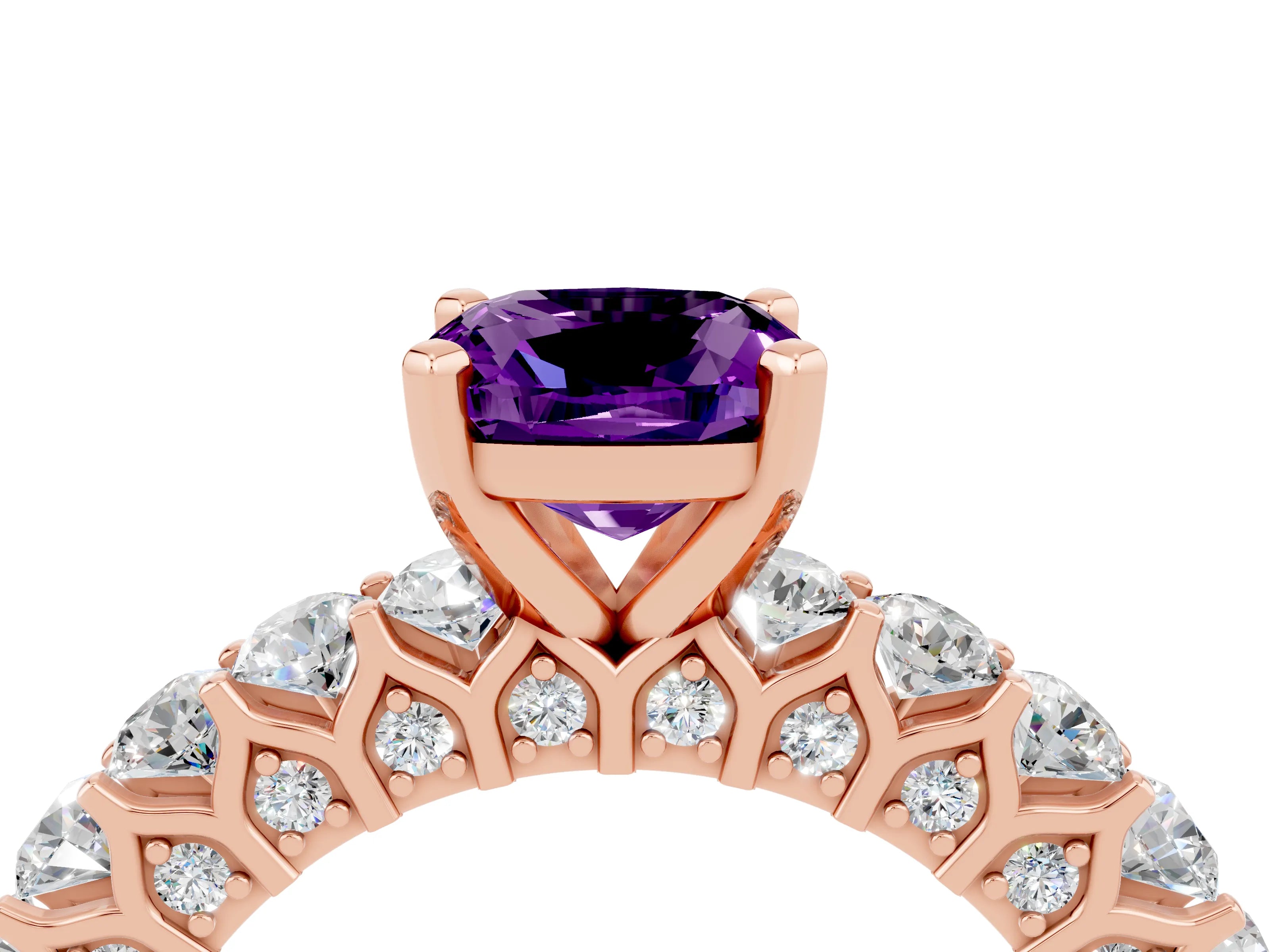 Rose gold Cushion Cut Amethyst Solitaire Ring with Shared Prong Pavé Band and Four-Prong Setting_4