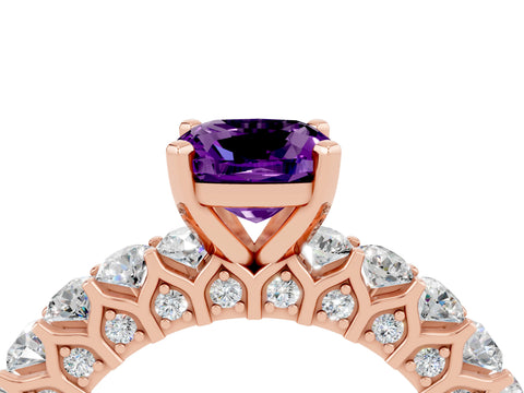 Rose gold Cushion Cut Amethyst Solitaire Ring with Shared Prong Pavé Band and Four-Prong Setting_4