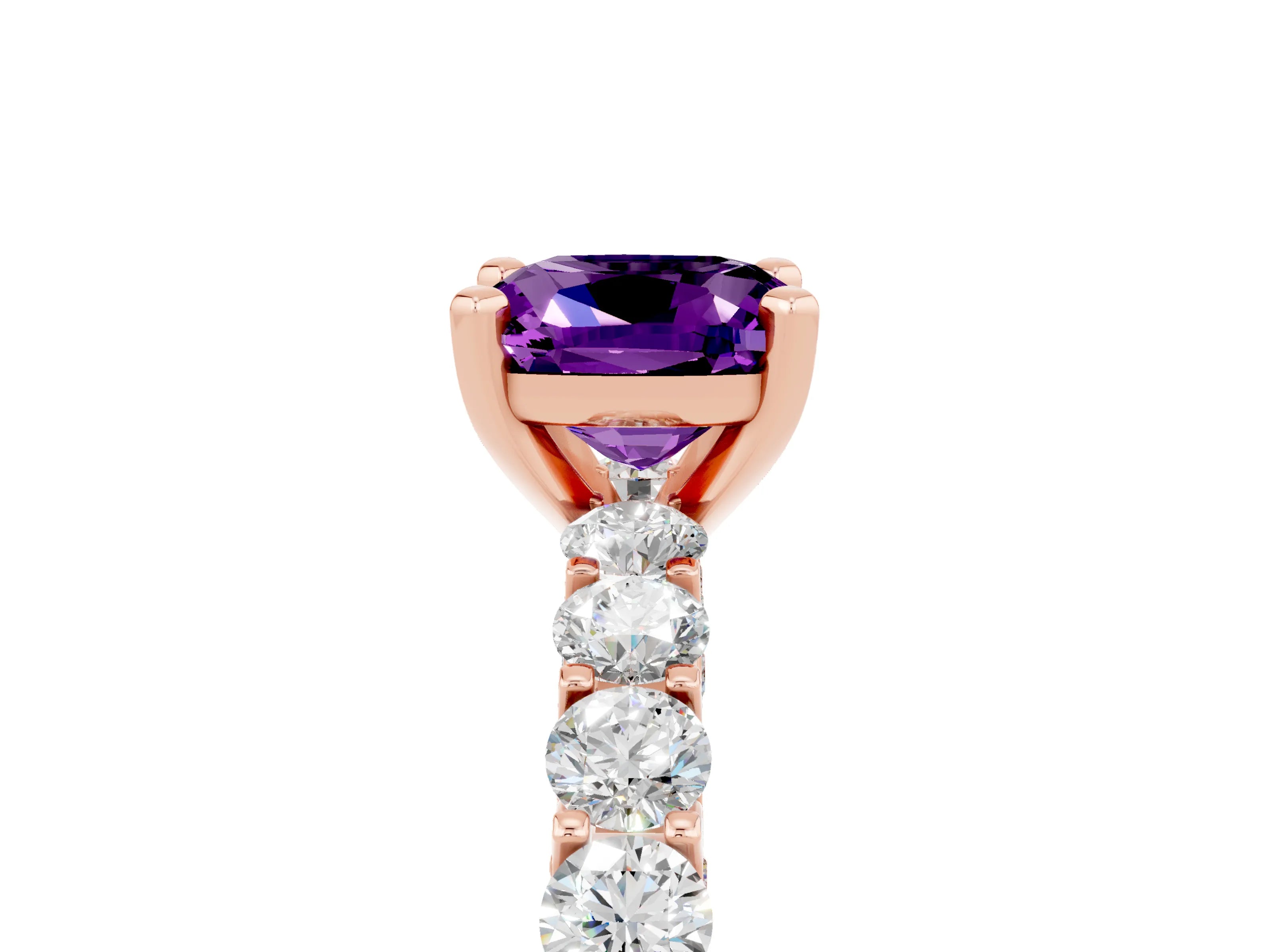 Rose gold Cushion Cut Amethyst Solitaire Ring with Shared Prong Pavé Band and Four-Prong Setting_5