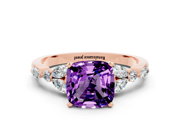 Rose gold Cushion Cut Amethyst Solitaire Ring with Side Stones and Four-Prong Setting