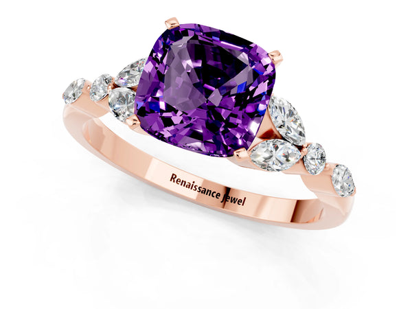 Rose gold Cushion Cut Amethyst Solitaire Ring with Side Stones and Four-Prong Setting