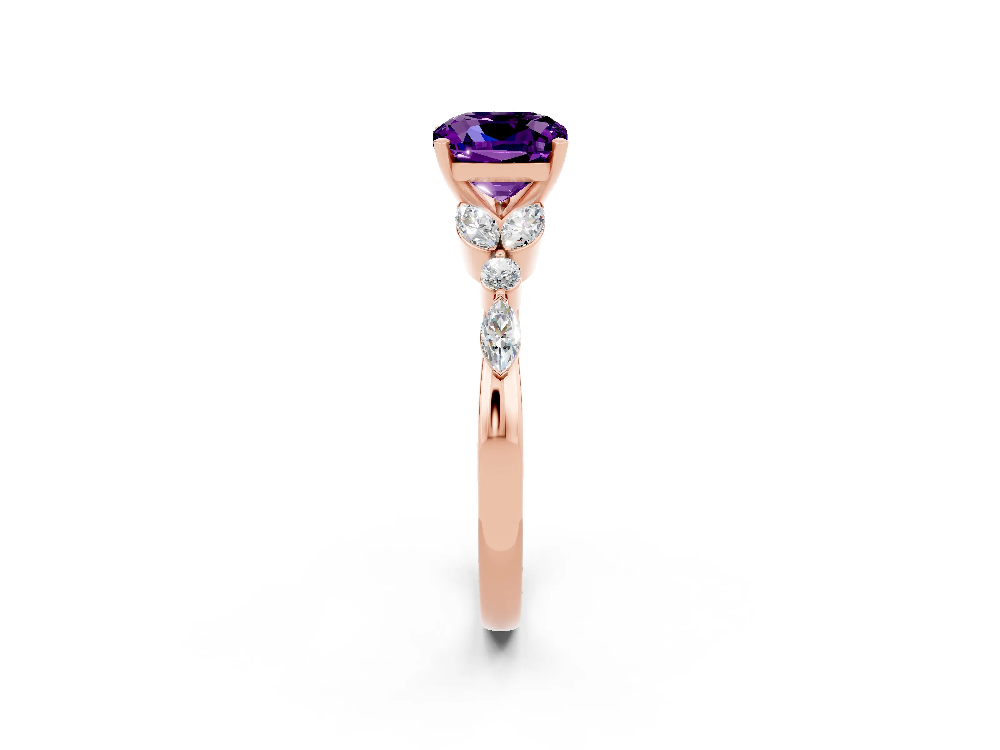 Rose gold Cushion Cut Amethyst Solitaire Ring with Side Stones and Four-Prong Setting_14