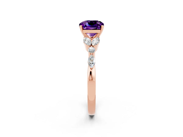 Rose gold Cushion Cut Amethyst Solitaire Ring with Side Stones and Four-Prong Setting