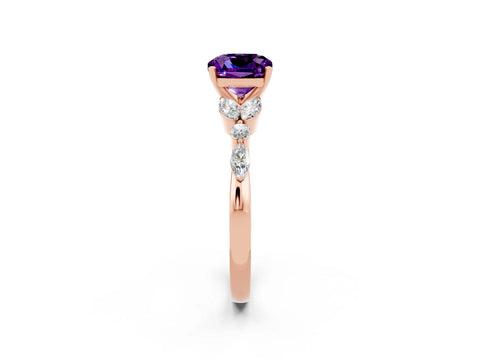 Rose gold Cushion Cut Amethyst Solitaire Ring with Side Stones and Four-Prong Setting_14