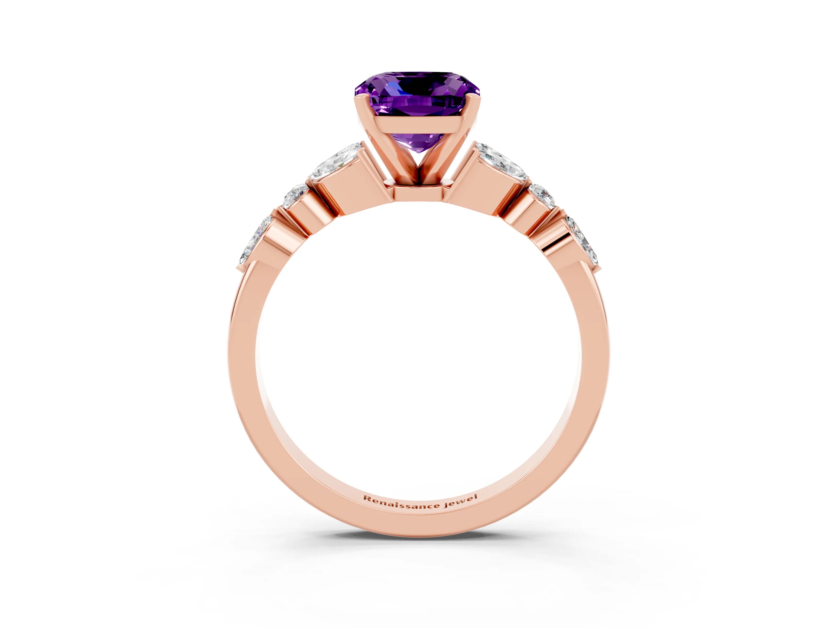 Rose gold Cushion Cut Amethyst Solitaire Ring with Side Stones and Four-Prong Setting_15