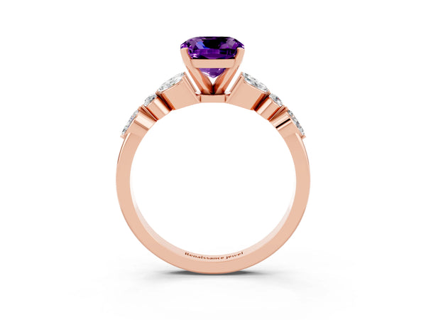 Rose gold Cushion Cut Amethyst Solitaire Ring with Side Stones and Four-Prong Setting
