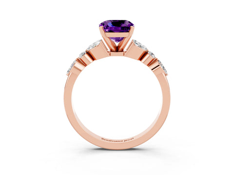 Rose gold Cushion Cut Amethyst Solitaire Ring with Side Stones and Four-Prong Setting_15