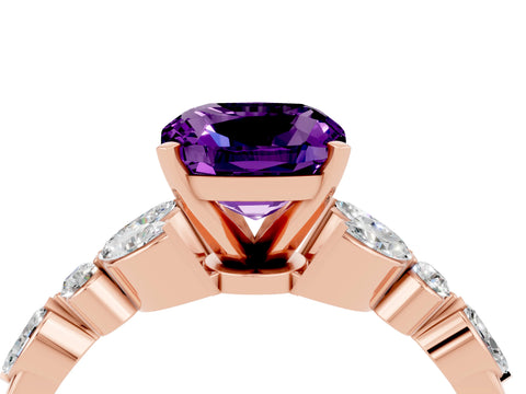 Rose gold Cushion Cut Amethyst Solitaire Ring with Side Stones and Four-Prong Setting_16