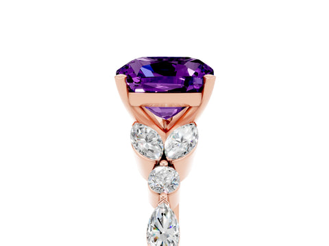 Rose gold Cushion Cut Amethyst Solitaire Ring with Side Stones and Four-Prong Setting_17