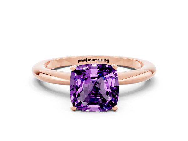 Rose gold Cushion Cut Amethyst Solitaire Ring with Six-Prong Setting and Classic Band