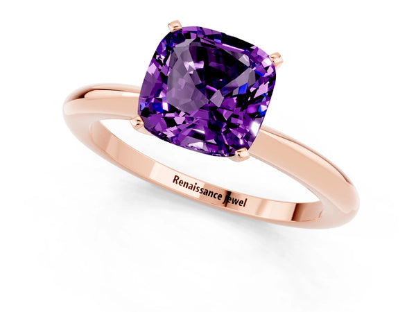 Rose gold Cushion Cut Amethyst Solitaire Ring with Six-Prong Setting and Classic Band