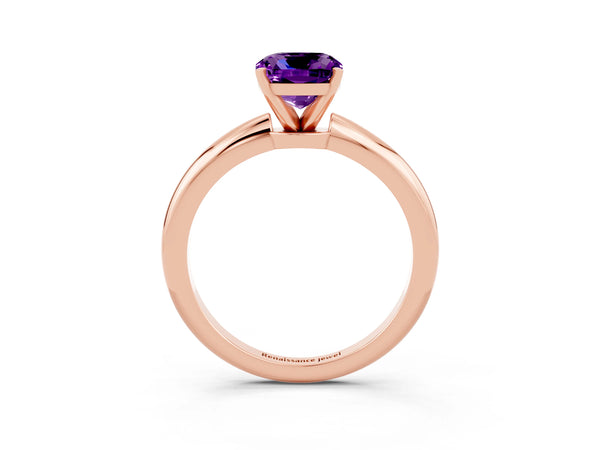 Rose gold Cushion Cut Amethyst Solitaire Ring with Six-Prong Setting and Classic Band