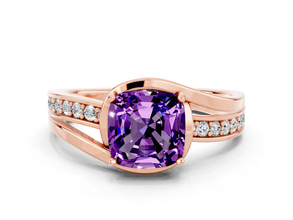 Rose gold Cushion Cut Amethyst Solitaire Ring with Split Shank and Prong Setting