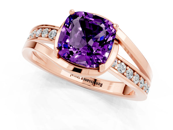 Rose gold Cushion Cut Amethyst Solitaire Ring with Split Shank and Prong Setting